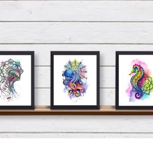 Set of 3 Rainbow Colored Oceanic Animals/Sea Creatures UNFRAMED Wall Art Prints